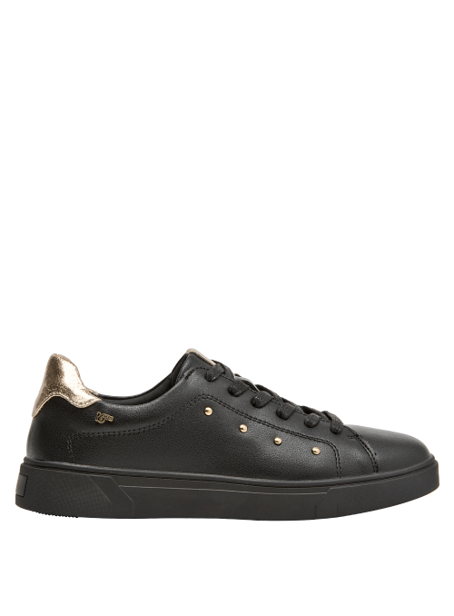 Zapatilla de cuero negro para mujer, taco plano de 2 cm, recomendada para uso diario.