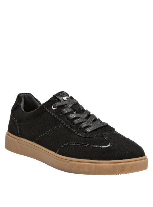 Calzado casual negro de mujer, con acabado de gamuza y detalles en charol.