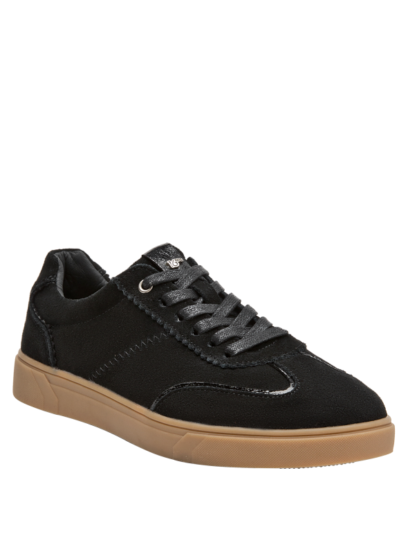Calzado casual negro de mujer, con acabado de gamuza y detalles en charol.