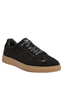 Calzado casual negro de mujer, con acabado de gamuza y detalles en charol.