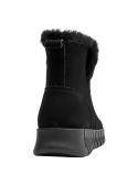 Botín negro de cuero para mujer, estilo versátil, adecuado para looks chic o casuales con jeans ajustados.
