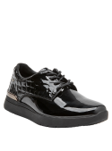 Zapatos de cuero negro para mujer, diseño moderno con taco plano, perfectos para la rutina diaria.