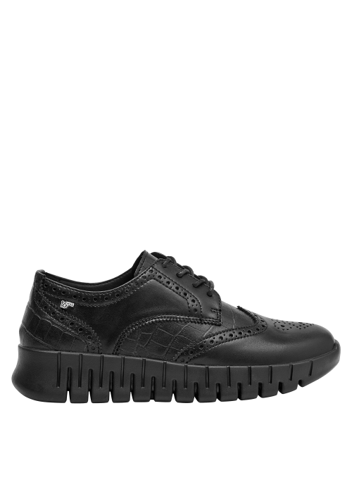 Zapato cuña negro mujer, estilo urbano y casual, adecuado para ocasiones informales y elegantes.