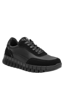 Zapatilla cuña negra de cuero para mujer, con plataforma, combina con jeans o vestidos relajados.