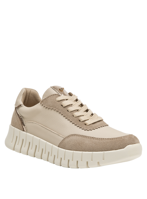 Zapatillas de cuero beige para mujer, diseño contemporáneo, recomendadas para uso diario.