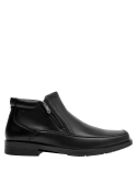 Botín de cuero negro para hombre, taco plano de 3 cm, recomendado para uso diario y confort.