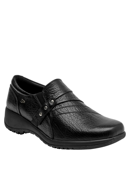 Zapato de cuero negro para mujer, diseño anatómico, recomendado para uso diario y elegante.
