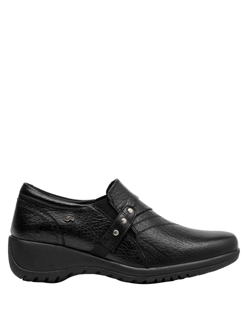 Zapato de cuero negro para mujer, diseño anatómico, recomendado para uso diario y elegante.