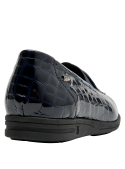 mocasín de cuero azul para mujer, estilo formal, suela plana de 2 cm, recomendado para actividades urbanas