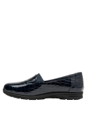 mocasín azul brillante para mujer, estilo formal, perfecto con jeans o vestidos ligeros, material cuero