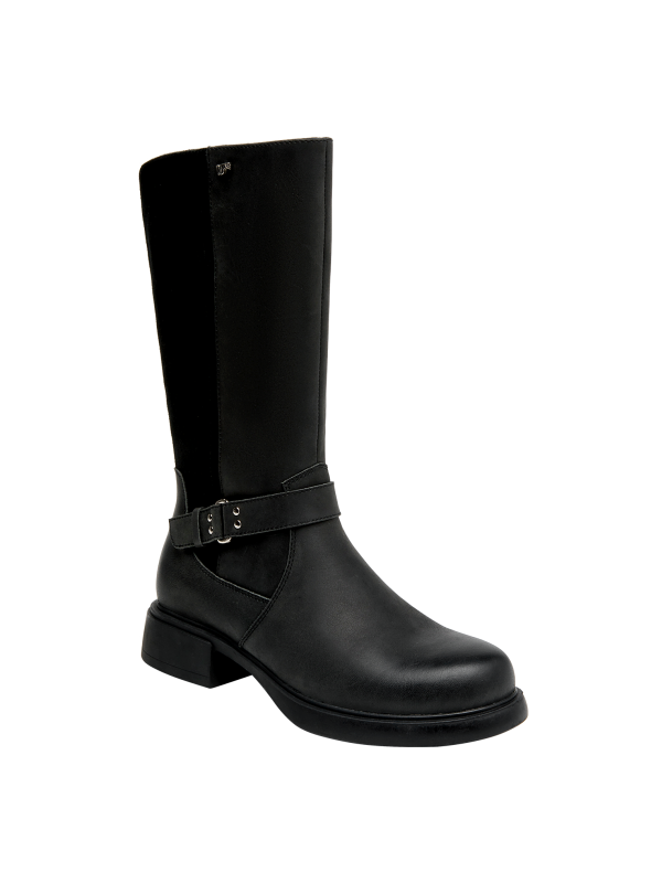 Bota casual negra de mujer, con diseño elegante y material de cuero para uso diario.