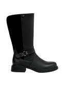 Bota de cuero negra para mujer, versátil para combinar con vestidos o jeans ajustados.