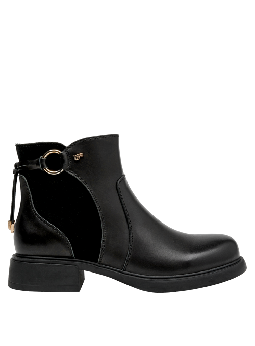 Botines para mujer en color negro, cuero suave, perfectos para un look casual en la oficina.