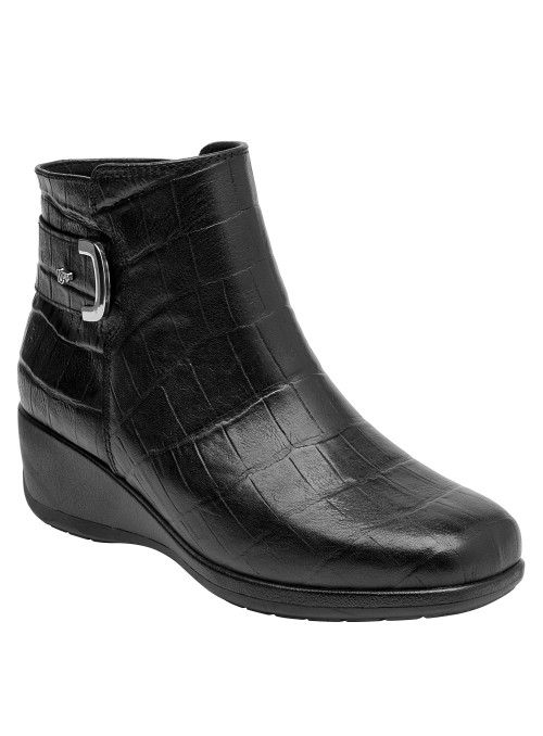 Botín negro de cuero con forro de microfibra, ideal para mantener la comodidad al caminar.