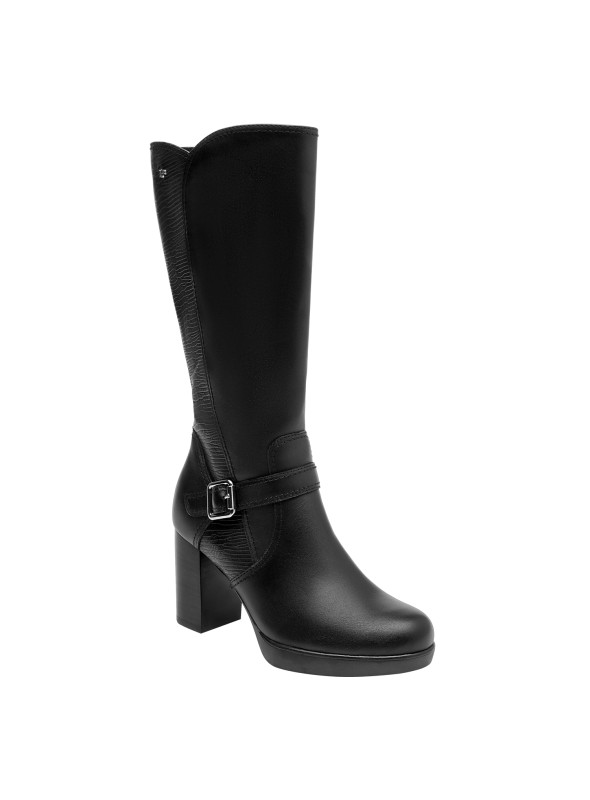 Bota negra de cuero para mujer, con forro en mesh para mayor comodidad diaria.