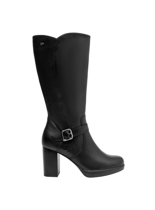 Bota negra de cuero para mujer, con forro en mesh para mayor comodidad diaria.