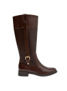 bota de cuero café para mujer, taco plano de 2.5 cm para comodidad diaria.