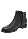 Botín negro de cuero con taco plano de 2.5 cm, estilo moderno para mujer, perfecto para combinar con jeans.