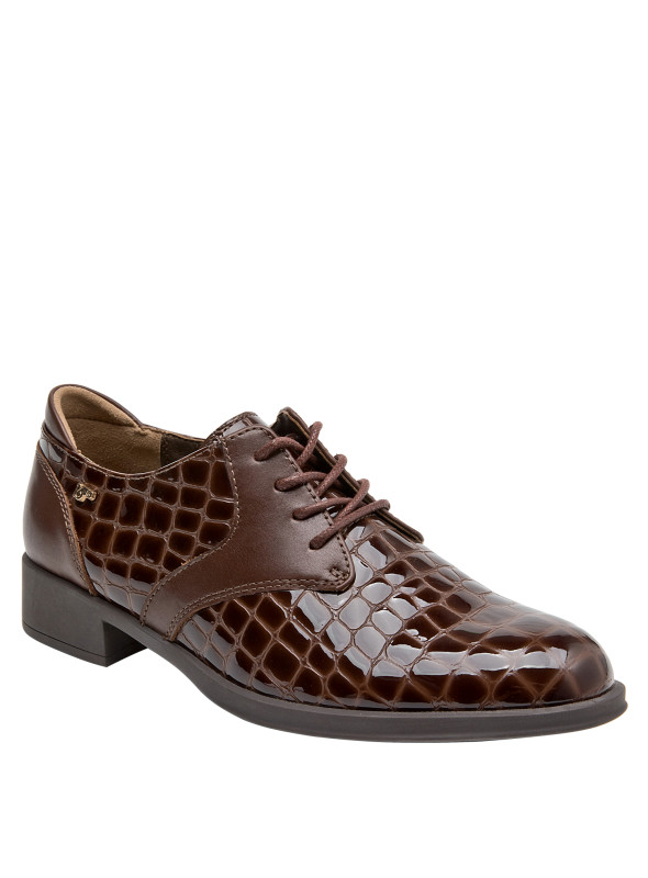 Zapatos café de charol para mujer, taco plano de 2.5 cm, comodidad garantizada.