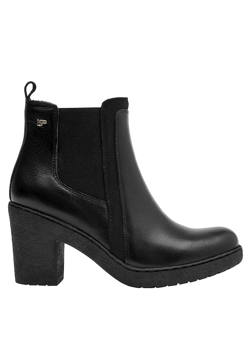 Botines negros de cuero para mujer, diseño anatómico, recomendados para uso diario y casual.