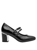 zapatos de cuero negro para mujer, acabado brillante, combinables con vestidos o pantalones.