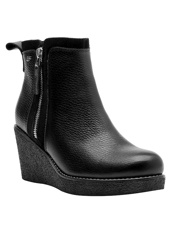 Botines cómodos de cuña negra para mujer, perfectos con jeans o vestidos.