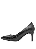 Calzado formal negro de mujer, acabado brillante con estampado tipo cocodrilo.
