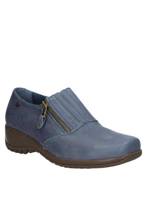 Zapato azul casual de cuero para mujer, versátil y estilizado, con banda elástica y cierre lateral moderno.