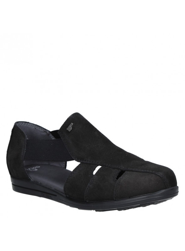 Sandalia negra de cuero para mujer, estilo casual, taco plano y punta redonda.