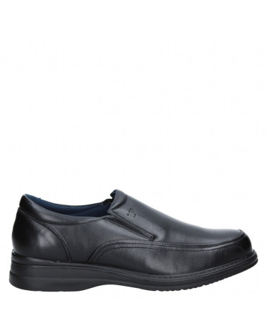Zapato de cuero negro de hombre, estilo clásico y funcional, adecuado para reuniones de trabajo o días de oficina.