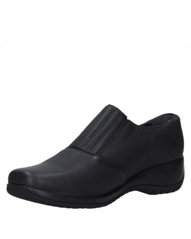 Zapato de cuero negro para mujer, versátil y cómodo, con ajuste fácil gracias a su banda elástica.
