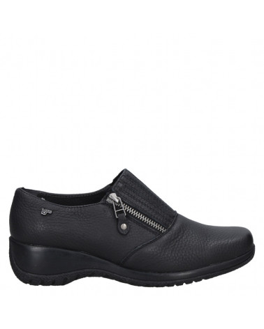 Zapato negro de cuero para mujer con banda elástica en el empeine, ideal para un estilo casual y urbano.