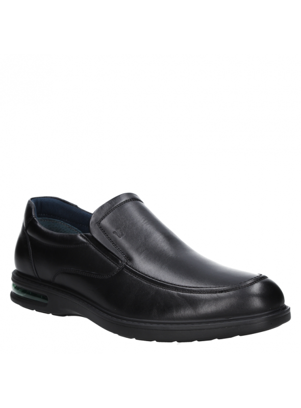 Horma amplia y diseño anatómico en zapato negro de cuero para hombre, estilo casual.