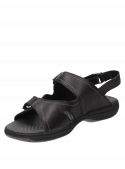 Sandalia negra de cuero para mujer con diseño informal y taco plano de 3 cm.