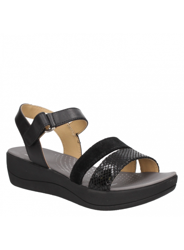 Sandalia multicolor de cuero para mujer, estilo informal con taco plano y punta abierta.
