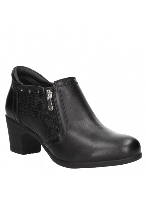 Botín negro de cuero para mujer con diseño moderno y elegante, cierre lateral de cremallera y relieve tipo piel de reptil.